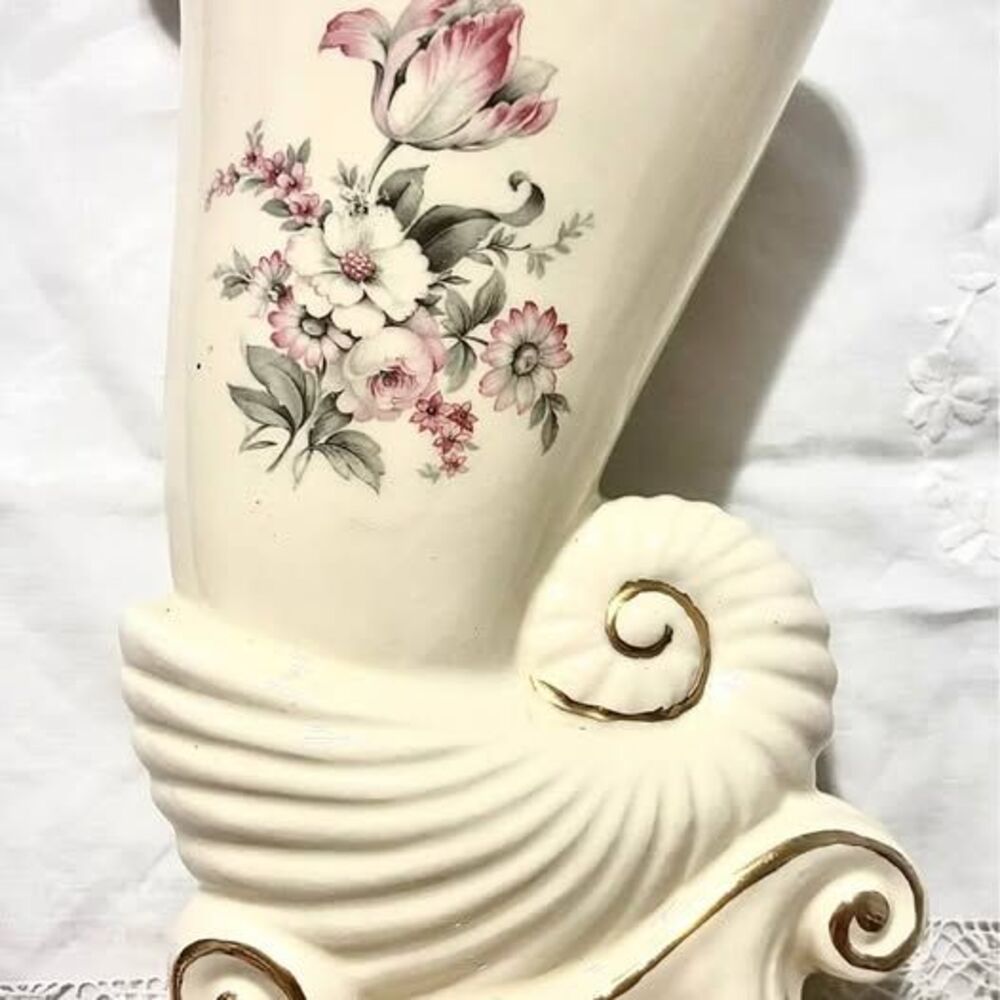 Vintage Cornucopia Vase USA Pottery 10.5” Floral Gold Trim Farmhouse Decor